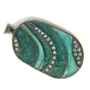 Green Enamel Pendant Inlaid w/Rhinestone Accents